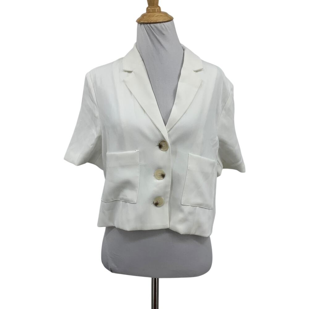 Promesa Blazer Top Womens S Small White Cropped Shoulder Pads Short Sleeve Notch